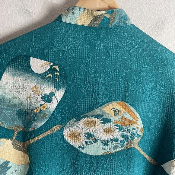 Citron Santa Monica Womens Large Teal 100% Silk Asian Fan Print Button Up Blouse - Picture 13 of 13
